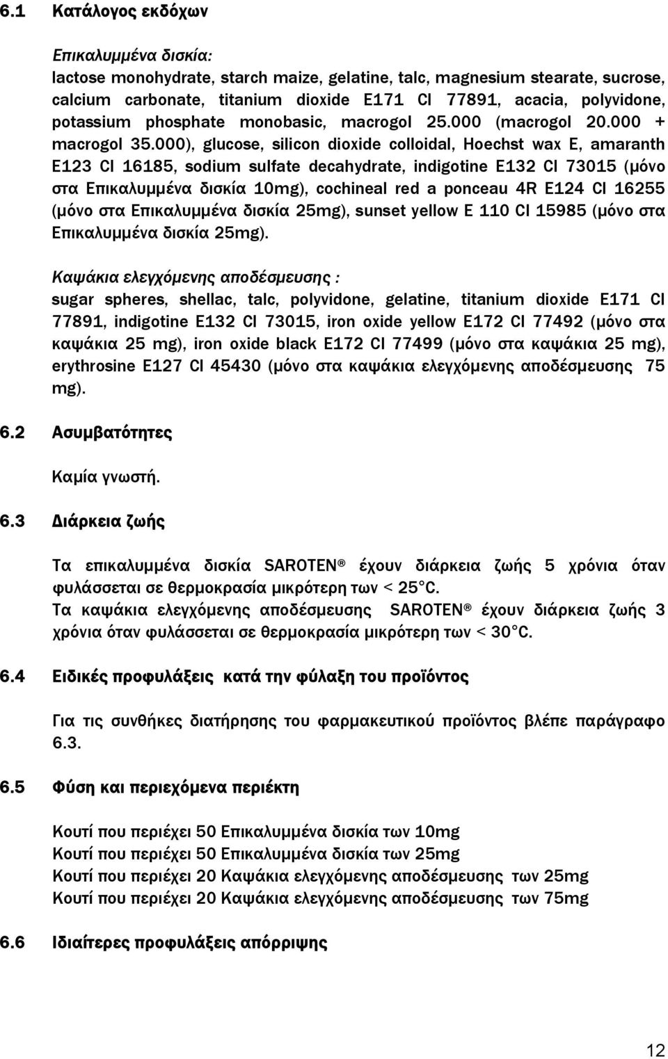 000), glucose, silicon dioxide colloidal, Hoechst wax E, amaranth E123 CI 16185, sodium sulfate decahydrate, indigotine E132 CI 73015 (μόνο στα Επικαλυμμένα δισκία 10mg), cochineal red a ponceau 4R