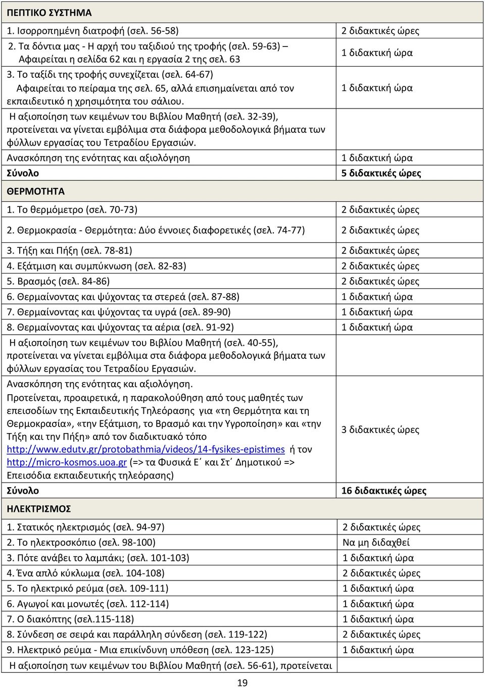 32-39), προτείνεται να γίνεται εμβόλιμα στα διάφορα μεθοδολογικά βήματα των φύλλων εργασίας του Τετραδίου Εργασιών. ΘΕΡΜΟΤΗΤΑ 19 5 διδακτικές ώρες 1. Το θερμόμετρο (σελ. 70-73) 2 διδακτικές ώρες 2.