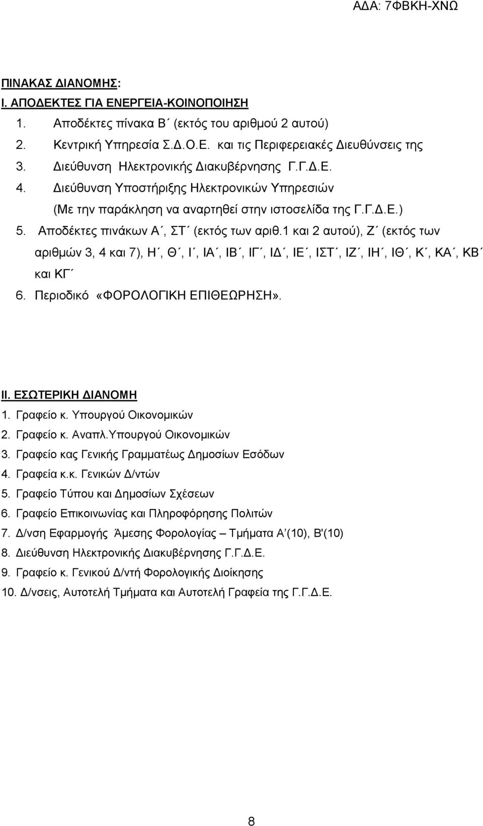 1 και 2 αυτού), Ζ (εκτός των αριθμών 3, 4 και 7), Η, Θ, Ι, ΙΑ, ΙΒ, ΙΓ, ΙΔ, ΙΕ, ΙΣΤ, ΙΖ, ΙΗ, ΙΘ, Κ, ΚΑ, ΚΒ και ΚΓ 6. Περιοδικό «ΦΟΡΟΛΟΓΙΚΗ ΕΠΙΘΕΩΡΗΣΗ». ΙΙ. ΕΣΩΤΕΡΙΚΗ ΔΙΑΝΟΜΗ 1. Γραφείο κ.