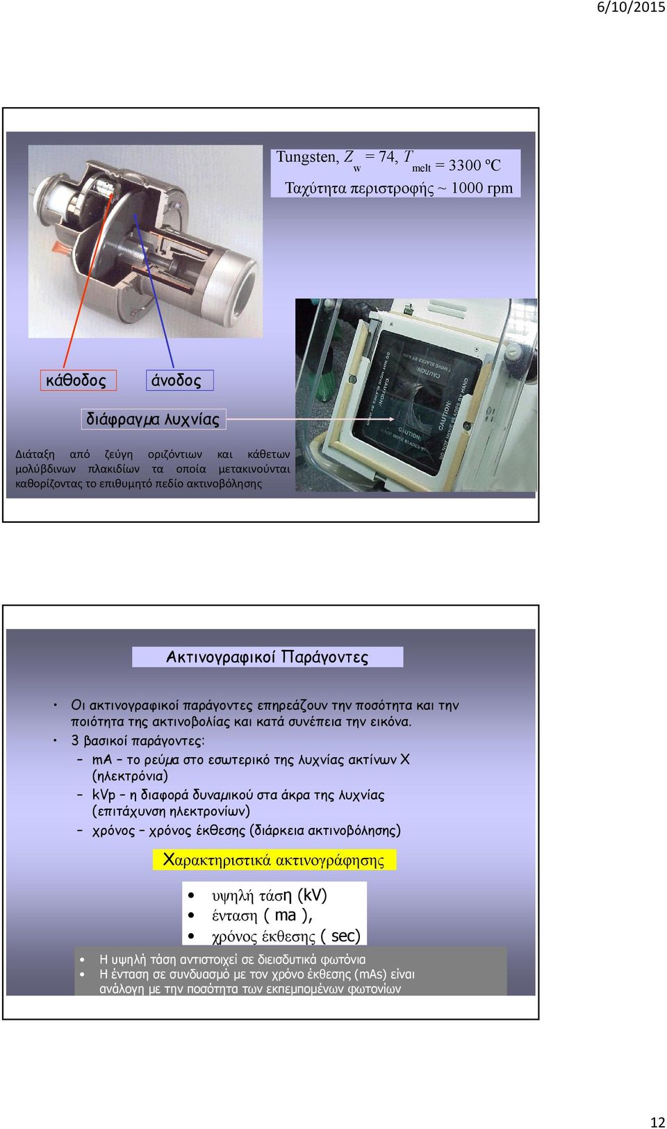 3 βασικοί παράγοντες: ma το ρεύµα στο εσωτερικό της λυχνίας ακτίνων Χ (ηλεκτρόνια) kvp ηδιαφοράδυναµικού στα άκρα της λυχνίας (επιτάχυνση ηλεκτρονίων) χρόνος χρόνος έκθεσης (διάρκεια ακτινοβόλησης)
