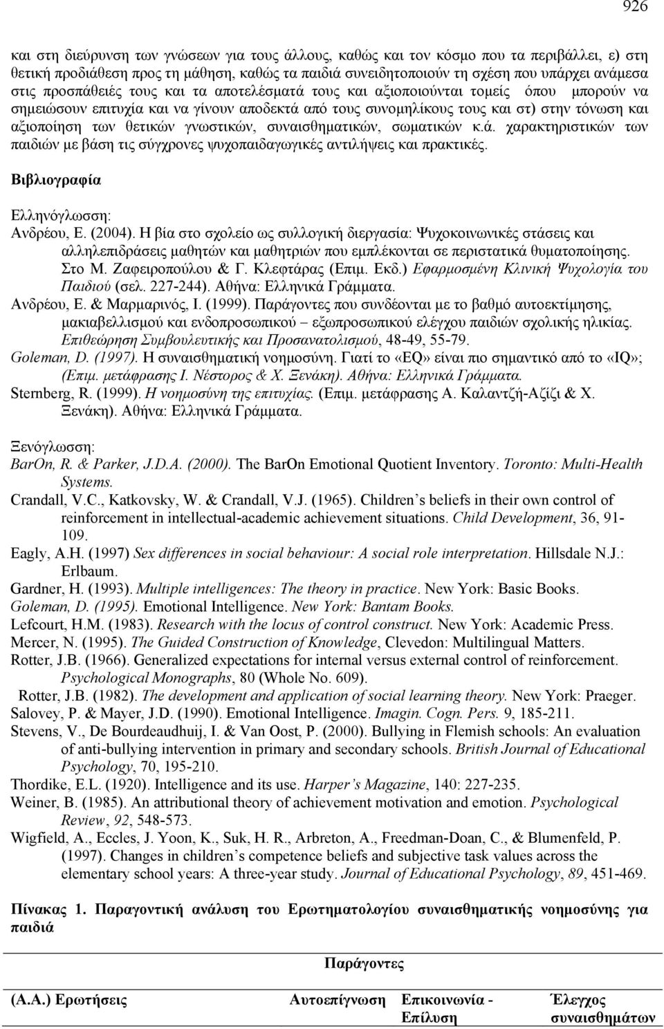 γνωστικών, συναισθηματικών, σωματικών κ.ά. χαρακτηριστικών των παιδιών με βάση τις σύγχρονες ψυχοπαιδαγωγικές αντιλήψεις και πρακτικές. Βιβλιογραφία Ελληνόγλωσση: Ανδρέου, Ε. (2004).