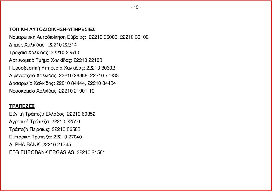 28888, 22210 77333 ασαρχείο Χαλκίδας: 22210 84444, 22210 84484 Νοσοκοµείο Χαλκίδας: 22210 21901-10 ΤΡΑΠΕΖΕΣ Εθνική Τράπεζα Ελλάδος: 22210