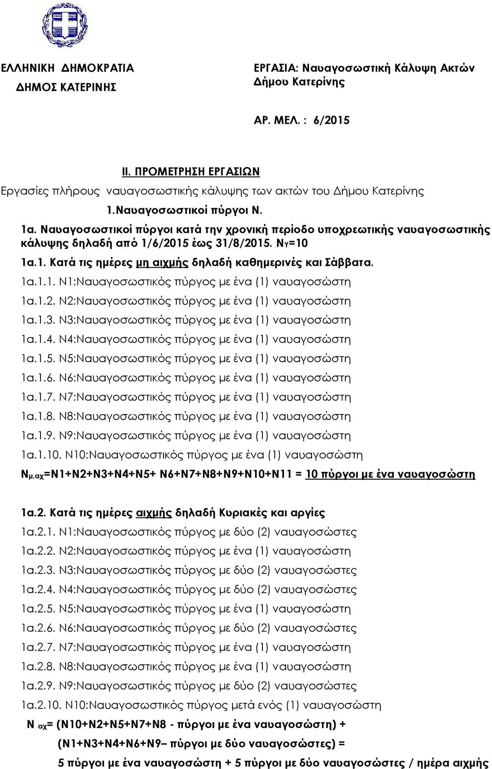 1.2. Ν2:Ναυαγοσωστικός πύργος με ένα (1) ναυαγοσώστη 1α.1.3. Ν3:Ναυαγοσωστικός πύργος με ένα (1) ναυαγοσώστη 1α.1.4. Ν4:Ναυαγοσωστικός πύργος με ένα (1) ναυαγοσώστη 1α.1.5.