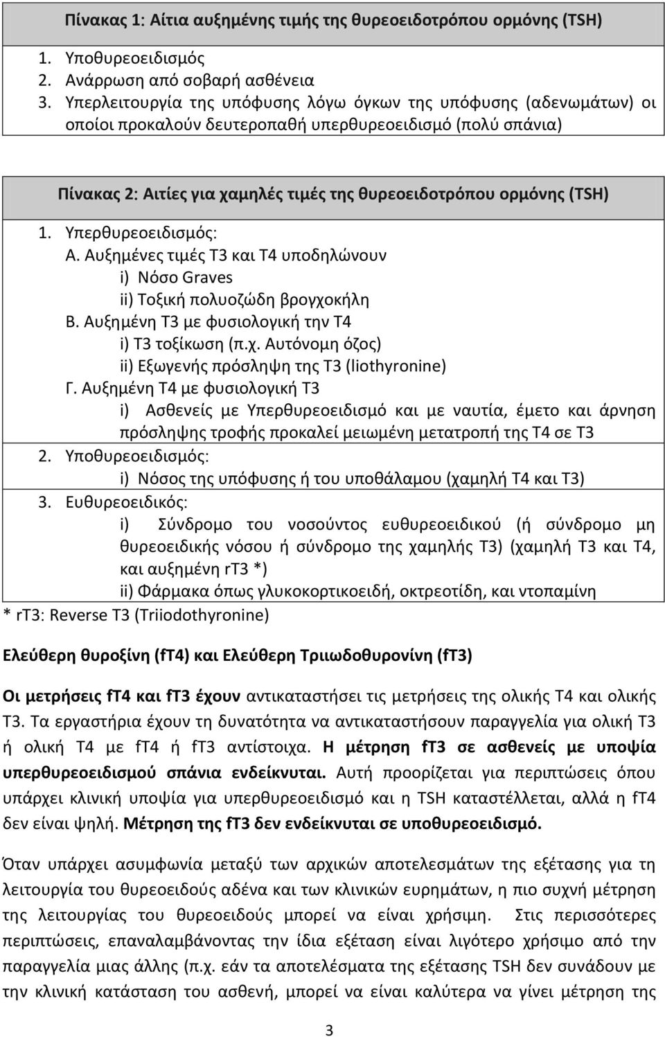 Υπερθυρεοειδισμός Α. Αυξημένες τιμές T3 και T4 υποδηλώνουν i) Νόσο Graves ii) Τοξική πολυοζώδη βρογχοκήλη B. Αυξημένη T3 με φυσιολογική την Τ4 i) T3 τοξίκωση (π.χ. Αυτόνομη όζος) ii) Εξωγενής πρόσληψη της T3 (liothyronine) Γ.