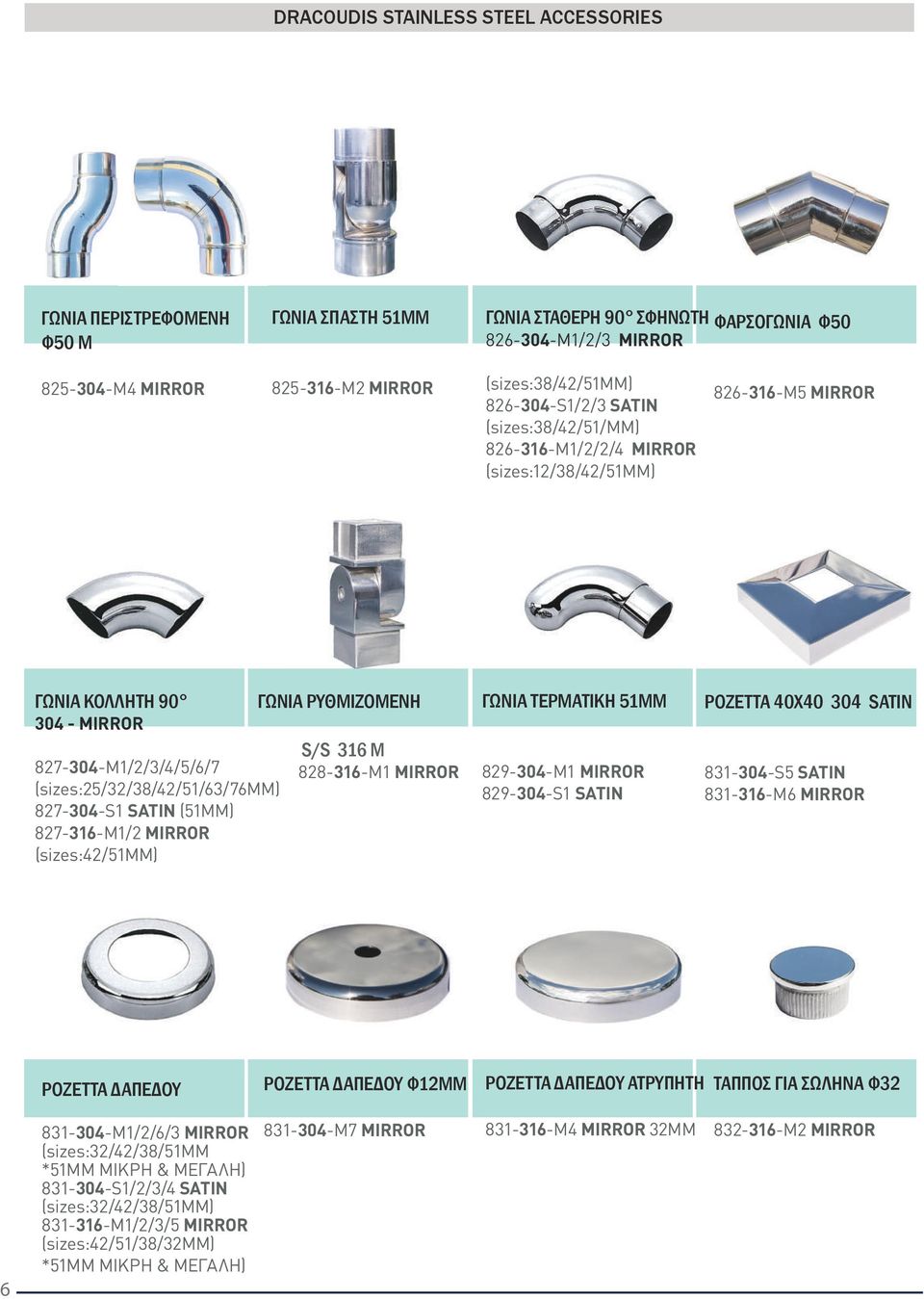 827-316-M1/2 ΜIRROR (sizes:42/51mm) ΓΩΝΙΑ ΡΥΘΜΙΖΟΜΕΝΗ S/S 316 M 828-316-M1 ΜIRROR ΓΩΝΙΑ ΤΕΡΜΑΤΙΚΗ 51ΜΜ 829-304-Μ1 ΜIRROR 829-304-S1 SATIN ΡΟΖΕΤΤΑ 40Χ40 304 SATIN 831-304-S5 SATIN 831-316-M6 MIRROR