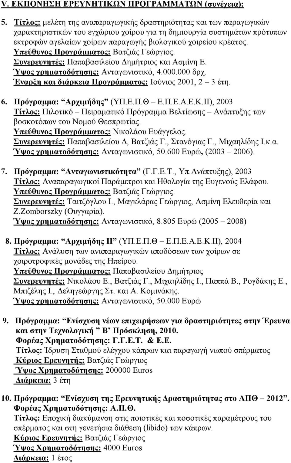 κρέατος. Υπεύθυνος Προγράμματος: Βατζιάς Γεώργιος. Συνερευνητές: Παπαβασιλείου Δημήτριος και Ασμίνη Ε. Ύψος χρηματοδότησης: Ανταγωνιστικό, 4.000.000 δρχ.