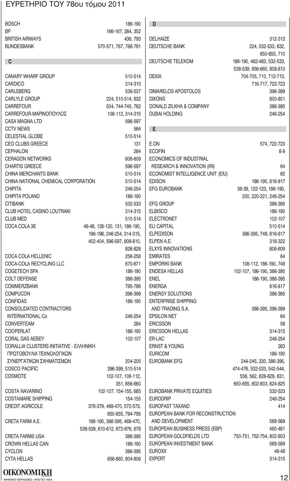 596-597 CHINA MERCHANTS BANK 510-514 CHINA NATIONAL CHEMICAL CORPORATION 510-514 CHIPITA 246-254 CHIPITA POLAND 186-190 CITIBANK 532-533 CLUB HOTEL CASINO LOUTRAKI 314-315 CLUB MED 510-514 COCA COLA