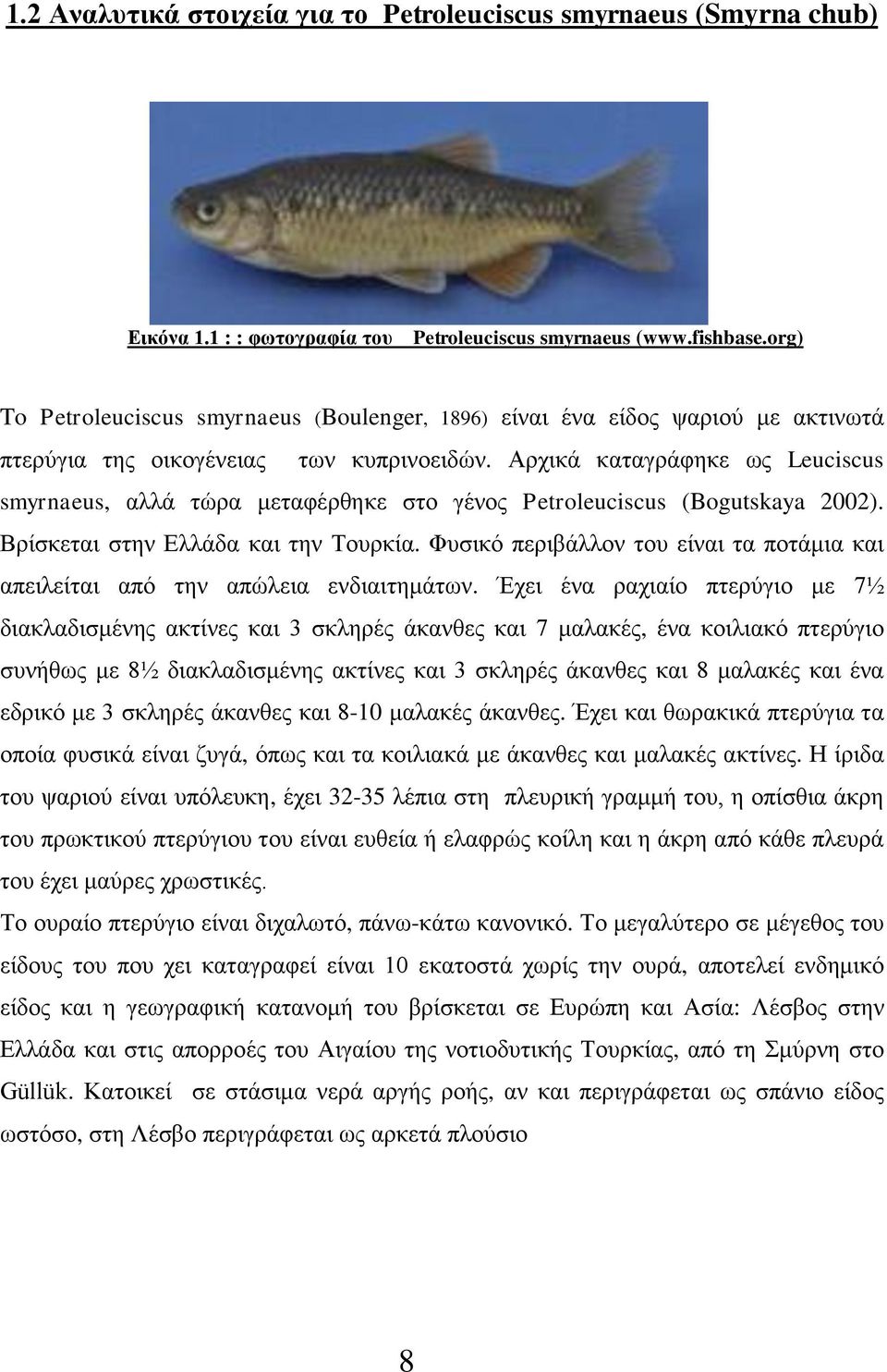 Αρχικά καταγράφηκε ως Leuciscus smyrnaeus, αλλά τώρα μεταφέρθηκε στο γένος Petroleuciscus (Bogutskaya 2002). Βρίσκεται στην Ελλάδα και την Τουρκία.