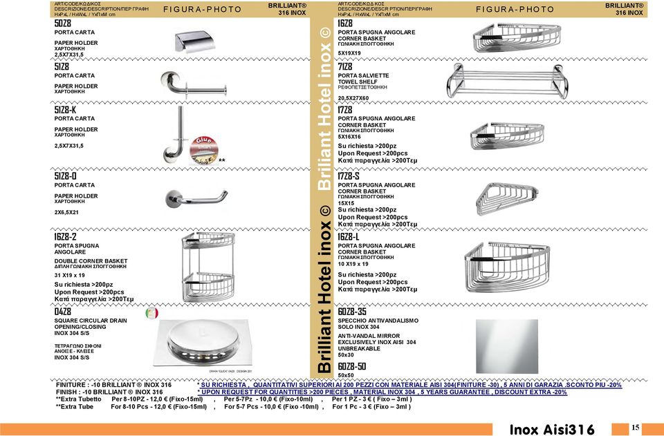 παραγγελία >200Τεμ 04Z8 SQUARE CIRCULAR DRAIN OPENING/CLOSING INOX 304 S/S ΤΕΤΡΑΓΩΝΟ ΣΙΦΟΝΙ ΑΝΟΙΞ Ε - ΚΛΕΙΣΕ INOX 304 S/S FIGURA-PHOTO ** BRILLIANT 316 INOX Brilliant Hotel inox Briliant Hotel inox