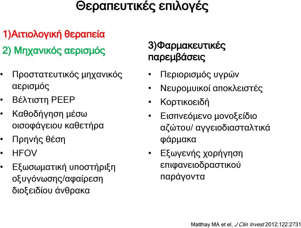 3)Φαρμακευτικές παρεμβάσεις Περιορισμός υγρών Νευρομυικοί αποκλειστές Κορτικοειδή Εισπνεόμενο μονοξείδιο αζώτου/