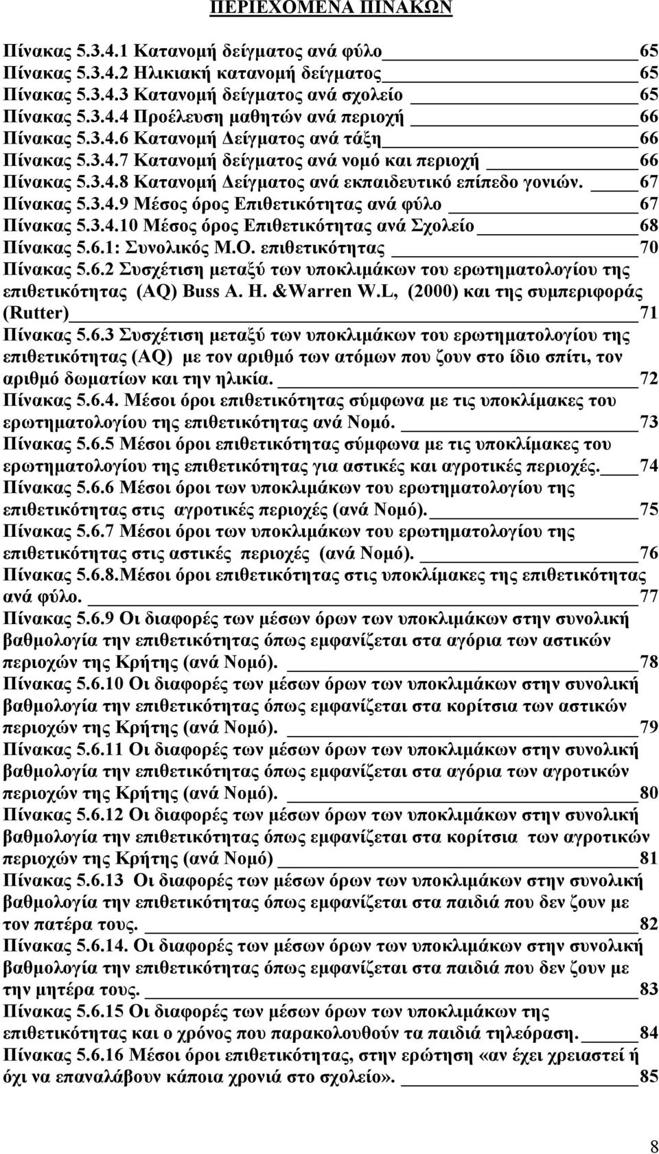 3.4.10 Μέσος όρος Επιθετικότητας ανά Σχολείο 68 Πίνακας 5.6.1: Συνολικός Μ.Ο. επιθετικότητας 70 Πίνακας 5.6.2 Συσχέτιση μεταξύ των υποκλιμάκων του ερωτηματολογίου της επιθετικότητας (AQ) Βuss A. H.