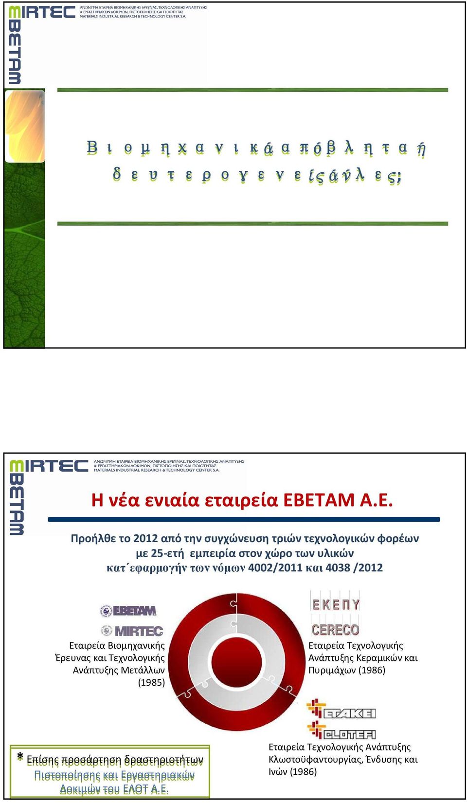 νόµων 4002/2011 και 4038 /2012 Εταιρεία Βιομηχανικής Έρευνας και Τεχνολογικής Ανάπτυξης Μετάλλων (1985) Εταιρεία Τεχνολογικής