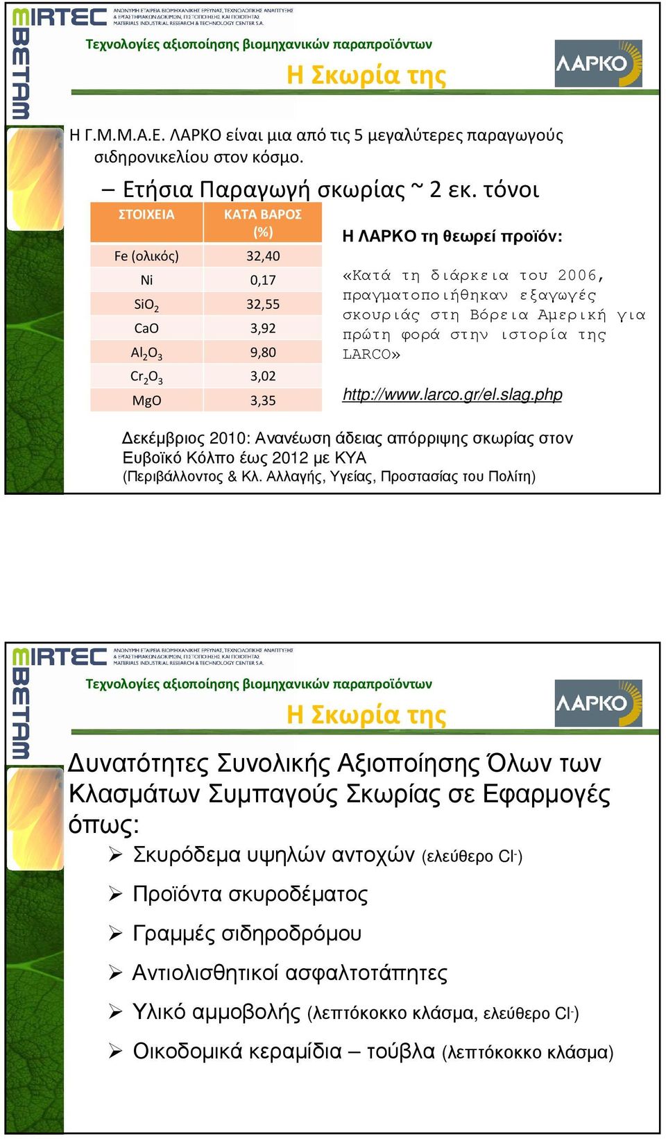 σκουριάς στη Βόρεια Αµερική για πρώτη φορά στην ιστορία της LARCO» http://www.larco.gr/el.slag.