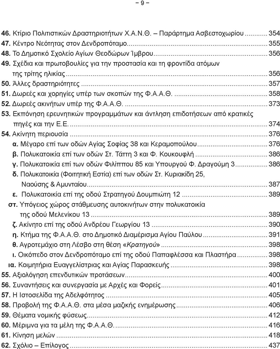 Δωρεές ακινήτων υπέρ της Φ.Α.Α.Θ... 373 53. Εκπόνηση ερευνητικών προγραμμάτων και άντληση επιδοτήσεων από κρατικές πηγές και την Ε.Ε... 374 54. Ακίνητη περιουσία... 376 α.