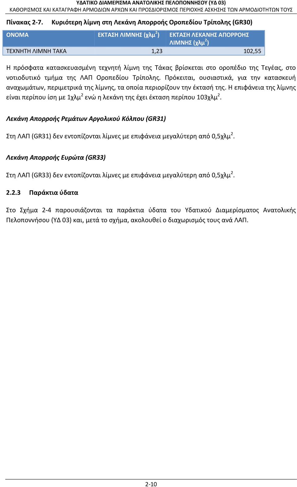 λίμνη της Τάκας βρίσκεται στο οροπέδιο της Τεγέας, στο νοτιοδυτικό τμήμα της ΛΑΠ Οροπεδίου Τρίπολης.