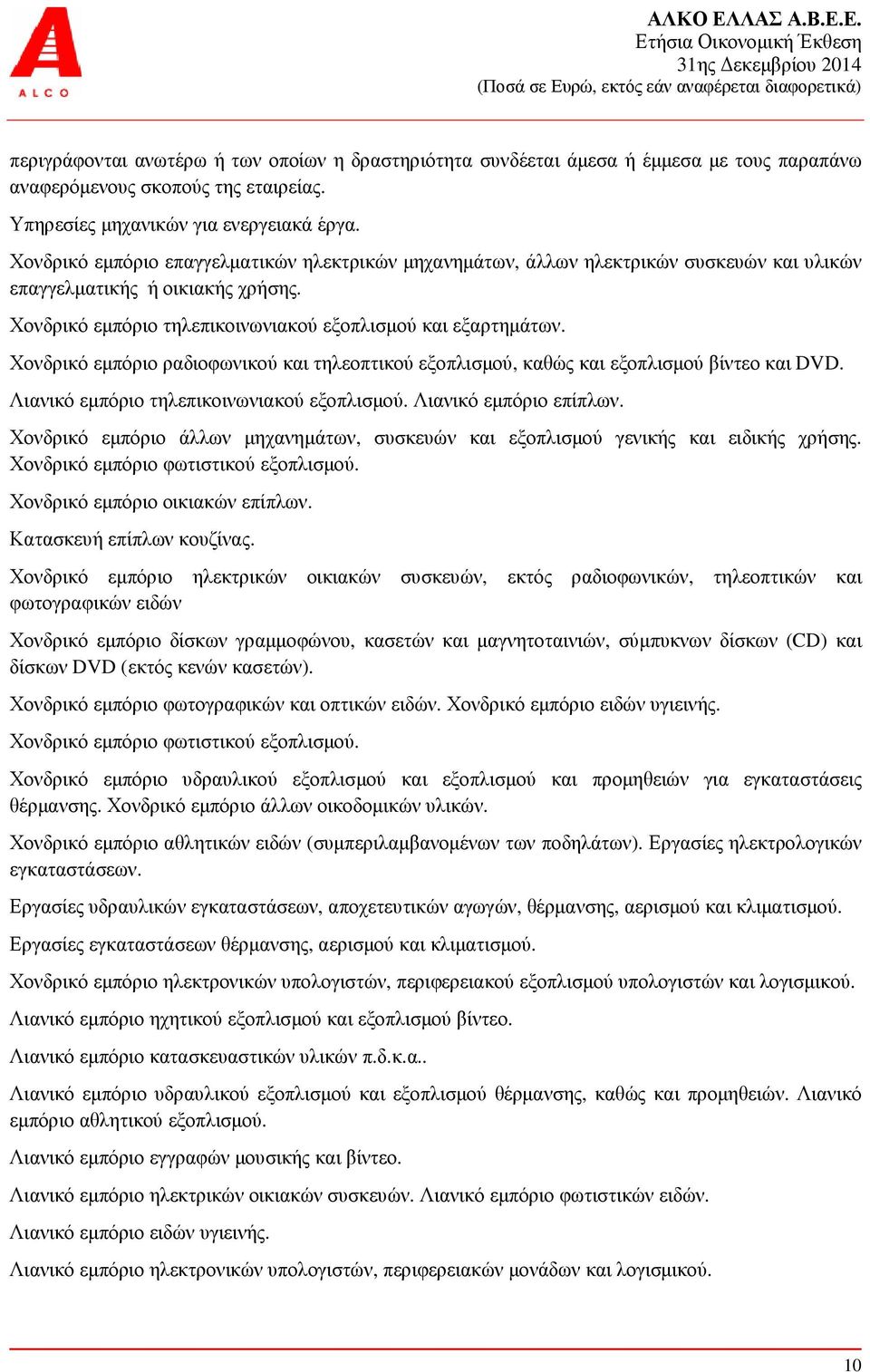 Χονδρικό εµπόριο ραδιοφωνικού και τηλεοπτικού εξοπλισµού, καθώς και εξοπλισµού βίντεο και DVD. Λιανικό εµπόριο τηλεπικοινωνιακού εξοπλισµού. Λιανικό εµπόριο επίπλων.