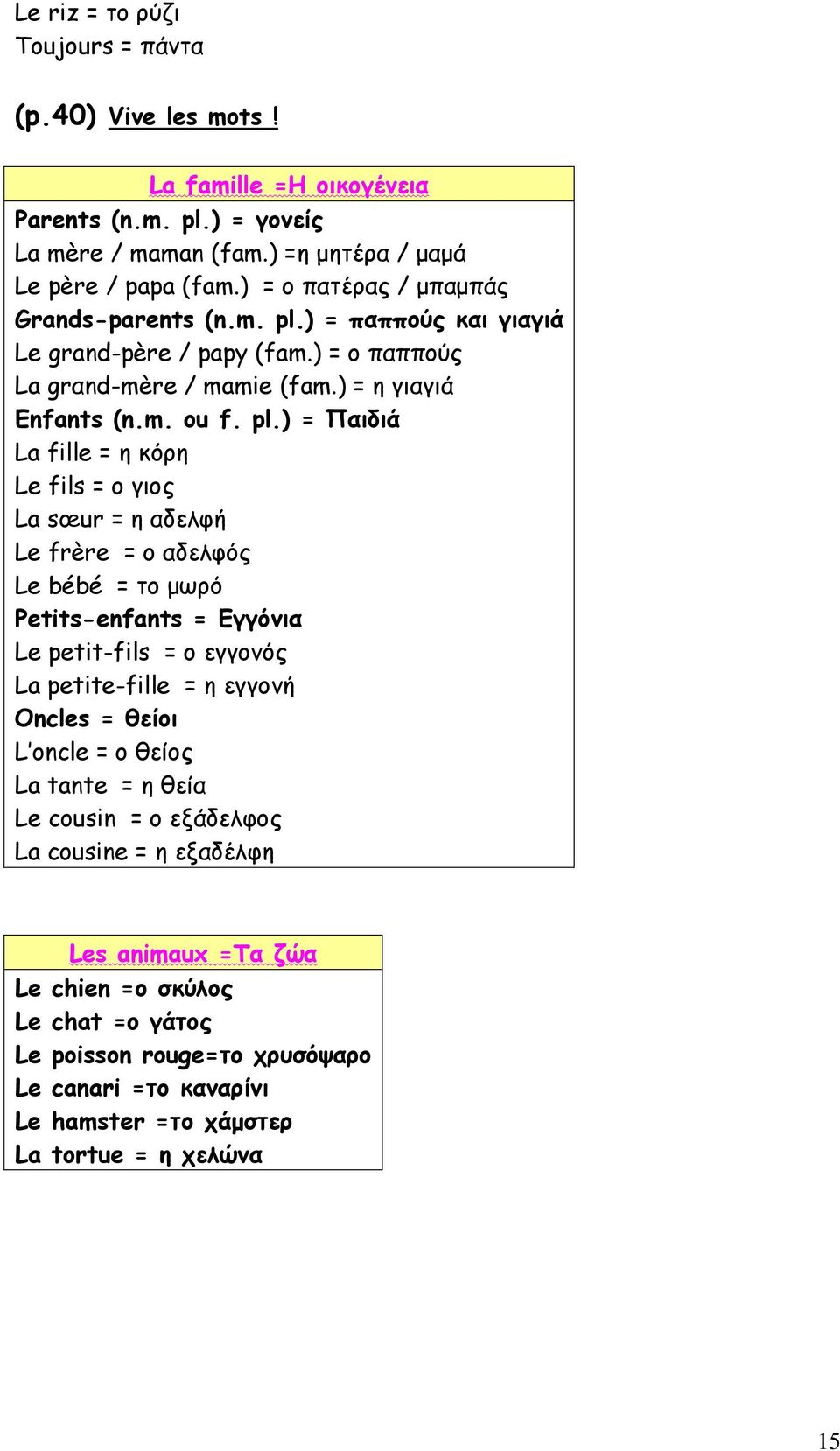 ) = παππούς και γιαγιά Le grand-père / papy (fam.) = ο παππούς La grαnd-mère / mamie (fam.) = η γιαγιά Enfants (n.m. ou f. pl.