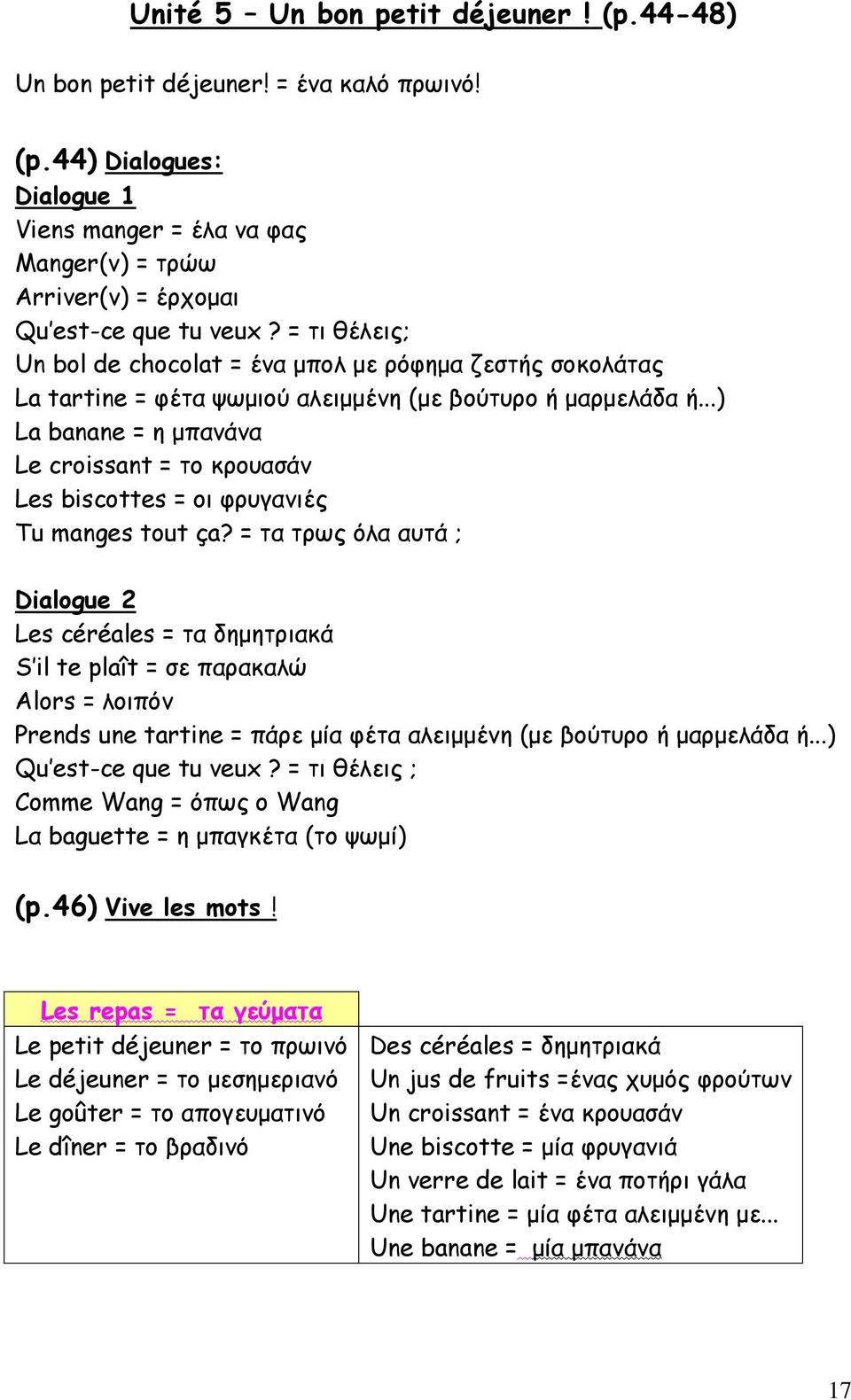 ..) La banane = η μπανάνα Le croissant = το κρουασάν Les biscottes = οι φρυγανιές Tu manges tout ça?