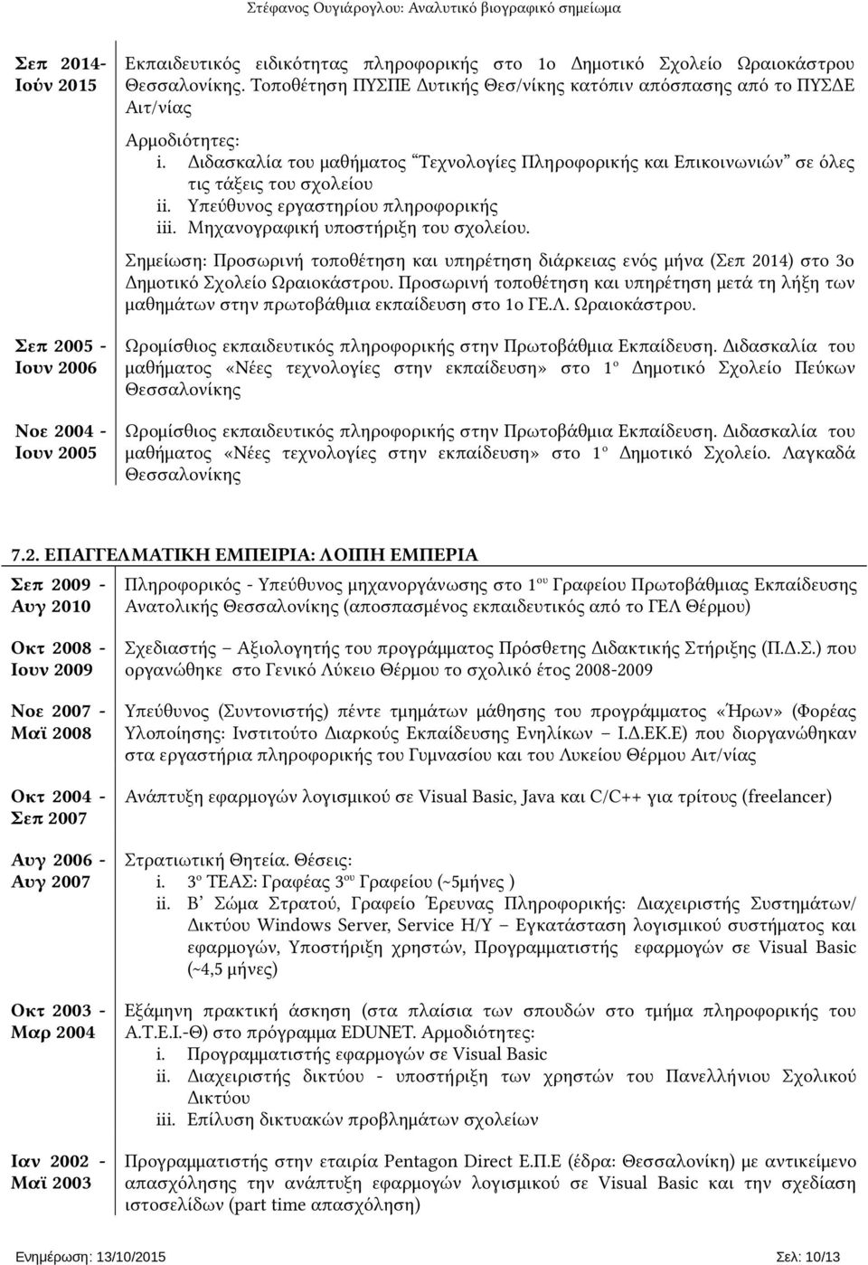 Υπεύθυνος εργαστηρίου πληροφορικής iii. Μηχανογραφική υποστήριξη του σχολείου. Σημείωση: Προσωρινή τοποθέτηση και υπηρέτηση διάρκειας ενός μήνα (Σεπ 2014) στο 3ο Δημοτικό Σχολείο Ωραιοκάστρου.