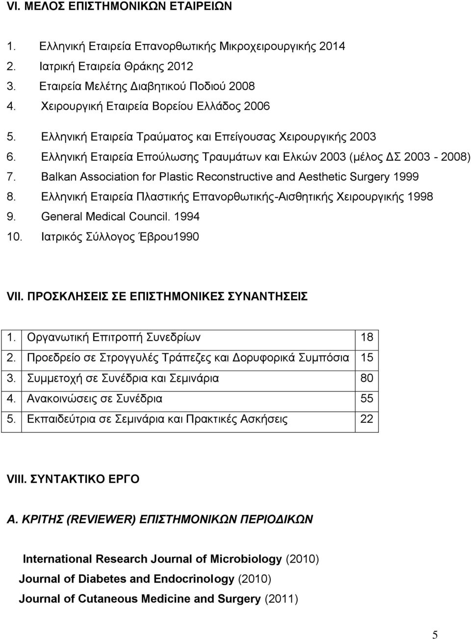 Balkan Association for Plastic Reconstructive and Aesthetic Surgery 1999 8. Ελληνική Εταιρεία Πλαστικής Επανορθωτικής-Αισθητικής Χειρουργικής 1998 9. General Medical Council. 1994 10.