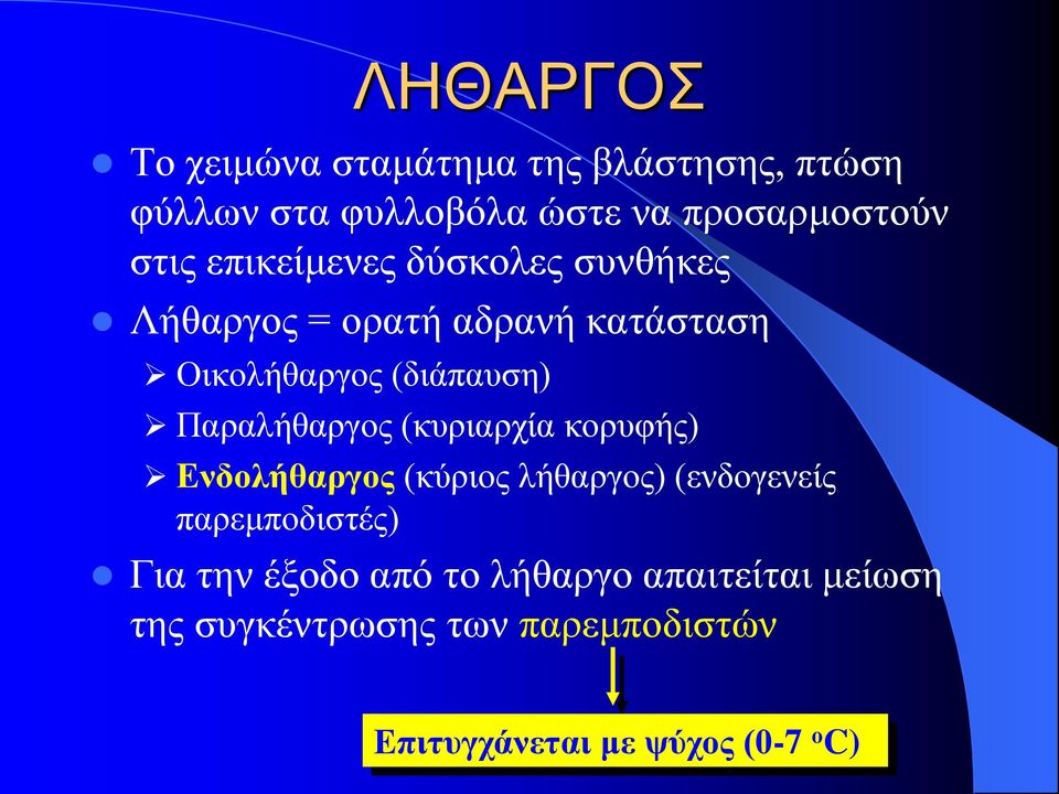 Παραλήθαργος (κυριαρχία κορυφής) Ενδολήθαργος (κύριος λήθαργος) (ενδογενείς παρεμποδιστές) Για