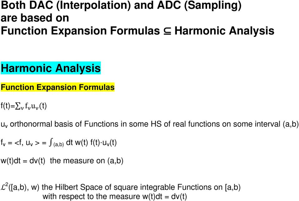 functions on some interval (a,b) f ν = <f, u ν > = (a,b) dt w(t) f(t) u ν (t) w(t)dt = dν(t) the measure on (a,b)