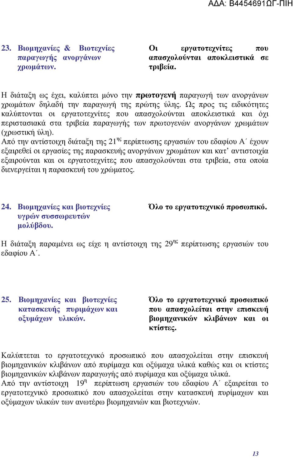 Ως προς τις ειδικότητες καλύπτονται οι εργατοτεχνίτες που απασχολούνται αποκλειστικά και όχι περιστασιακά στα τριβεία παραγωγής των πρωτογενών ανοργάνων χρωμάτων (χρωστική ύλη).