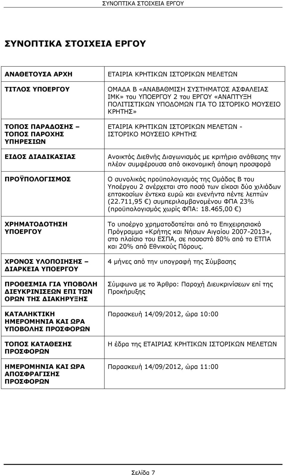 ΕΤΑΙΡΙΑ ΚΡΗΤΙΚΩΝ ΙΣΤΟΡΙΚΩΝ ΜΕΛΕΤΩΝ ΟΜΑΔΑ Β «ΑΝΑΒΑΘΜΙΣΗ ΣΥΣΤΗΜΑΤΟΣ ΑΣΦΑΛΕΙΑΣ ΙΜΚ» του ΥΠΟΕΡΓΟΥ 2 του ΕΡΓΟΥ «ΑΝΑΠΤΥΞΗ ΠΟΛΙΤΙΣΤΙΚΩΝ ΥΠΟΔΟΜΩΝ ΓΙΑ ΤΟ ΙΣΤΟΡΙΚΟ ΜΟΥΣΕΙΟ ΚΡΗΤΗΣ» ΕΤΑΙΡΙΑ ΚΡΗΤΙΚΩΝ ΙΣΤΟΡΙΚΩΝ