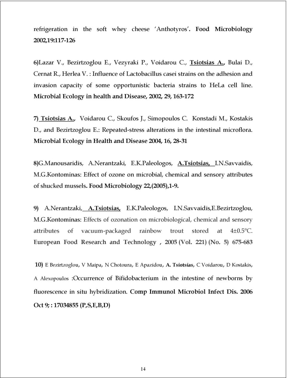 Microbial Ecology in health and Disease, 2002, 29, 163-172 7) Tsiotsias A., Voidarou C., Skoufos J., Simopoulos C. Konstadi M., Kostakis D., and Bezirtzoglou E.