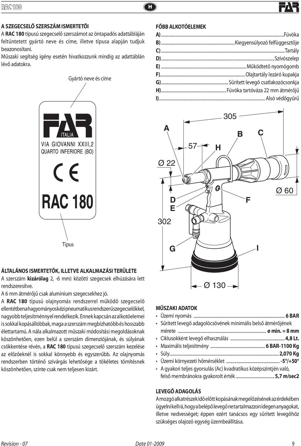 .. Működtető nyomógomb F)...Olajtartály lezáró kupakja G)... Sűrített levegő csatlakozócsonkja )... Fúvóka tartóváza 22 mm átmérőjű I).