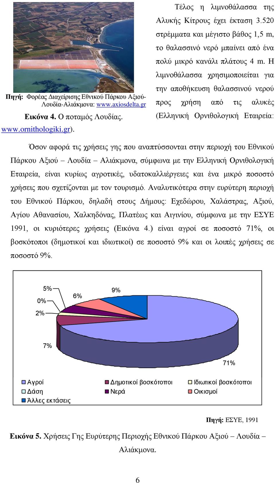 την αποθήκευση θαλασσινού νερού προς χρήση από τις αλυκές (Ελληνική Ορνιθολογική Εταιρεία: Όσον αφορά τις χρήσεις γης που αναπτύσσονται στην περιοχή του Εθνικού Πάρκου Αξιού Λουδία Αλιάκμονα, σύμφωνα