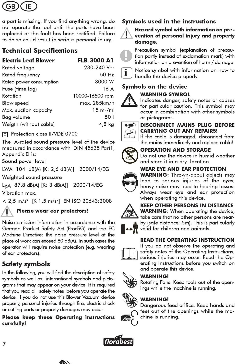 Technical Specifications Electric Leaf Blower FLB 3000 A1 Rated voltage 230-240 V~ Rated frequency 50 Hz Rated power consumption 3000 W Fuse (time lag) 16 A Rotation 10000-16500 rpm Blow speed max.