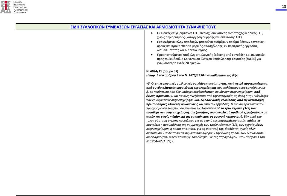 αιτιολογικής έκθεσης από εργοδότη και σωματείο προς το Συμβούλιο Κοινωνικού Ελέγχου Επιθεώρησης Εργασίας (ΣΚΕΕΕ) για γνωμοδότηση εντός 20 ημερών. Ν. 4024/11 (άρθρο 37) Η παρ. 5 του άρθρου 3 του Ν.