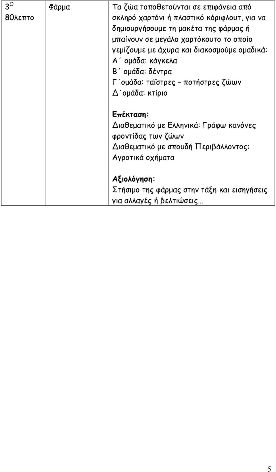 δέντρα Γ ομάδα: ταΐστρες ποτήστρες ζώων ομάδα: κτίριο Επέκταση: ιαθεματικό με Ελληνικά: Γράφω κανόνες φροντίδας των ζώων