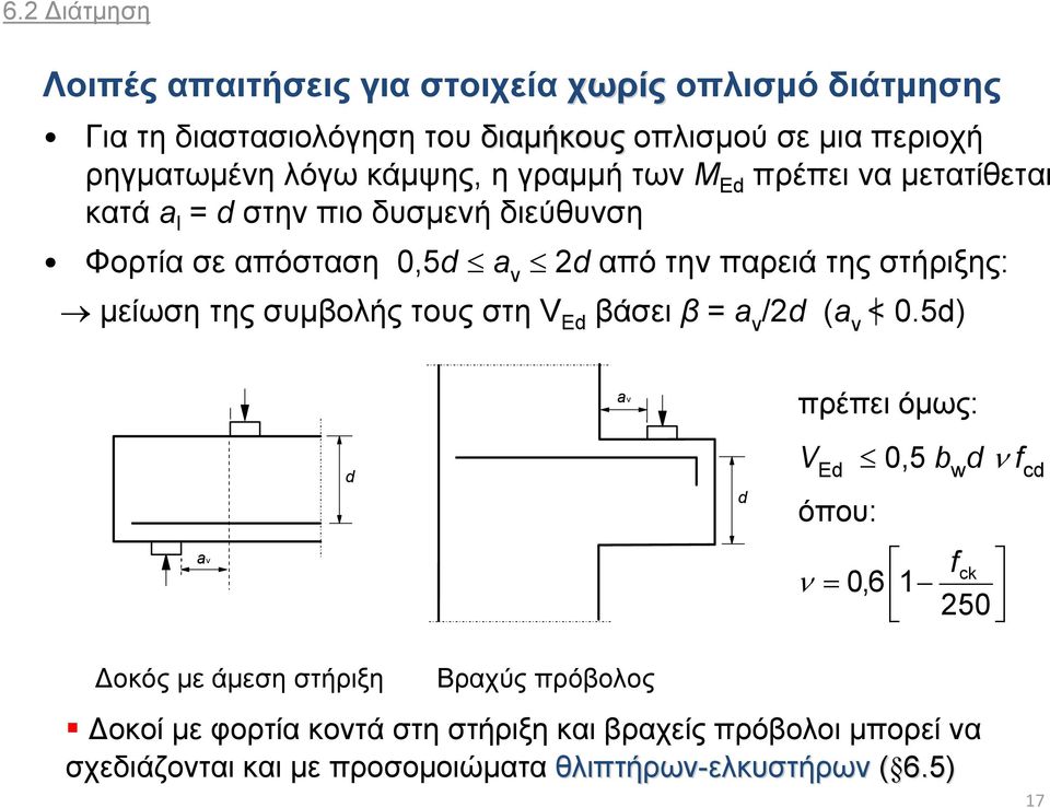 μείωση της συμβολής τους στη V Ed βάσει β = a v /2d (a v <0.