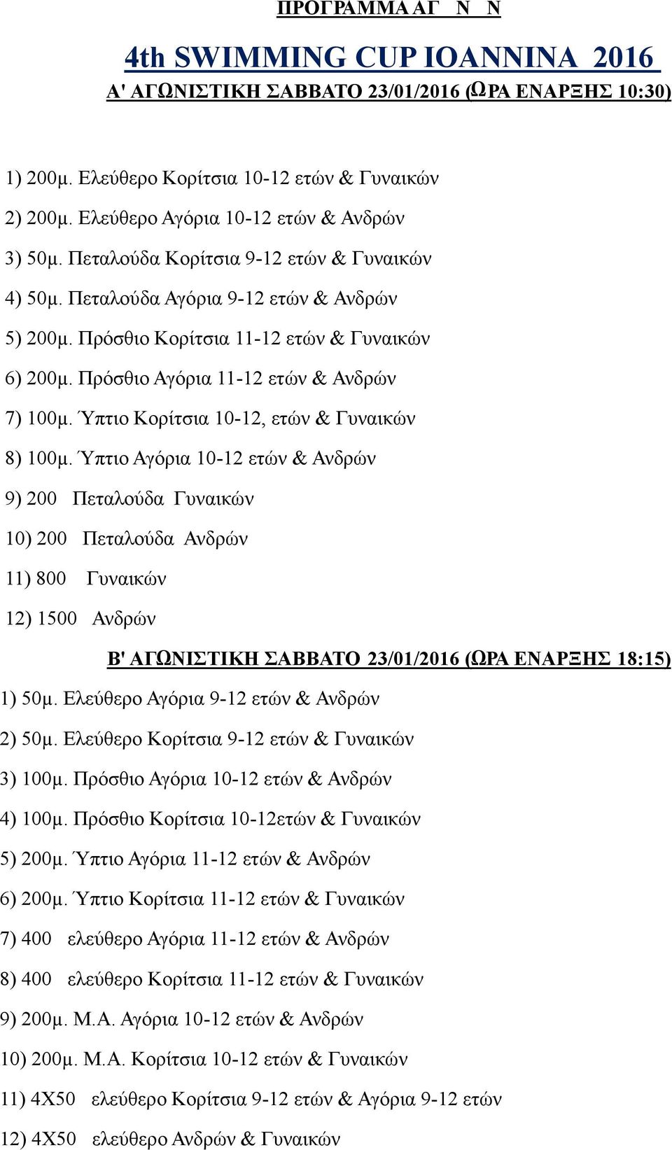 Πρόσθιο Αγόρια 11-12 ετών & Ανδρών 7) 100µ. Ύπτιο Κορίτσια 10-12, ετών & Γυναικών 8) 100µ.