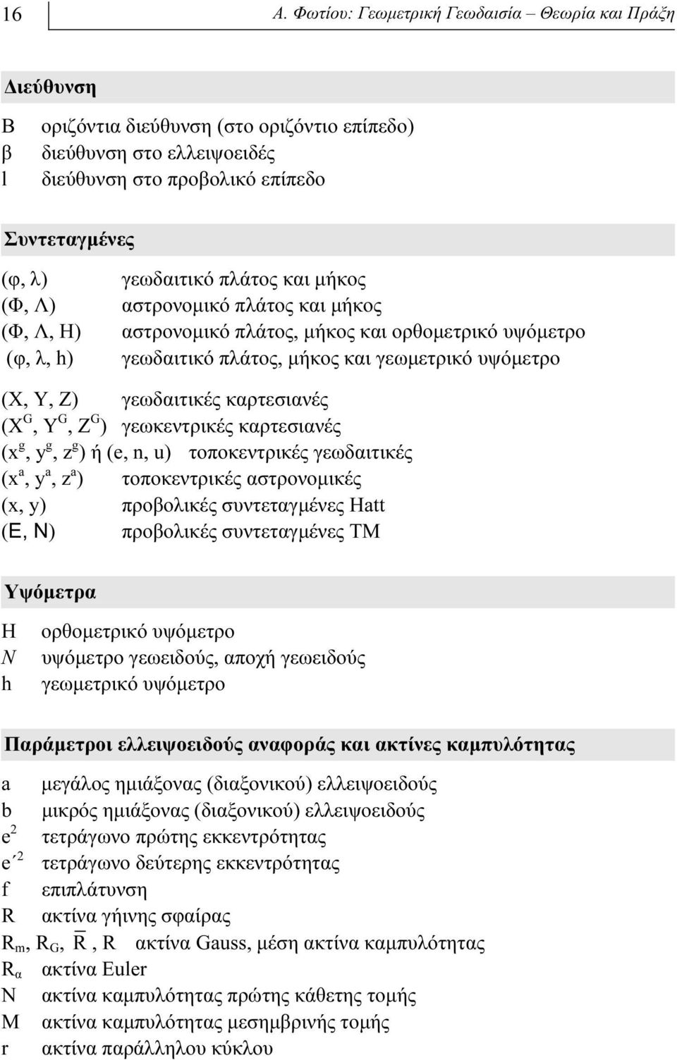 καρτεσιανές (Χ G, Υ G, Ζ G ) γεωκεντρικές καρτεσιανές (x g, y g, z g ) ή (e, n, u) τοποκεντρικές γεωδαιτικές (x a, y a, z a ) τοποκεντρικές αστρονομικές (x, y) προβολικές συντεταγμένες Hatt (E, N)