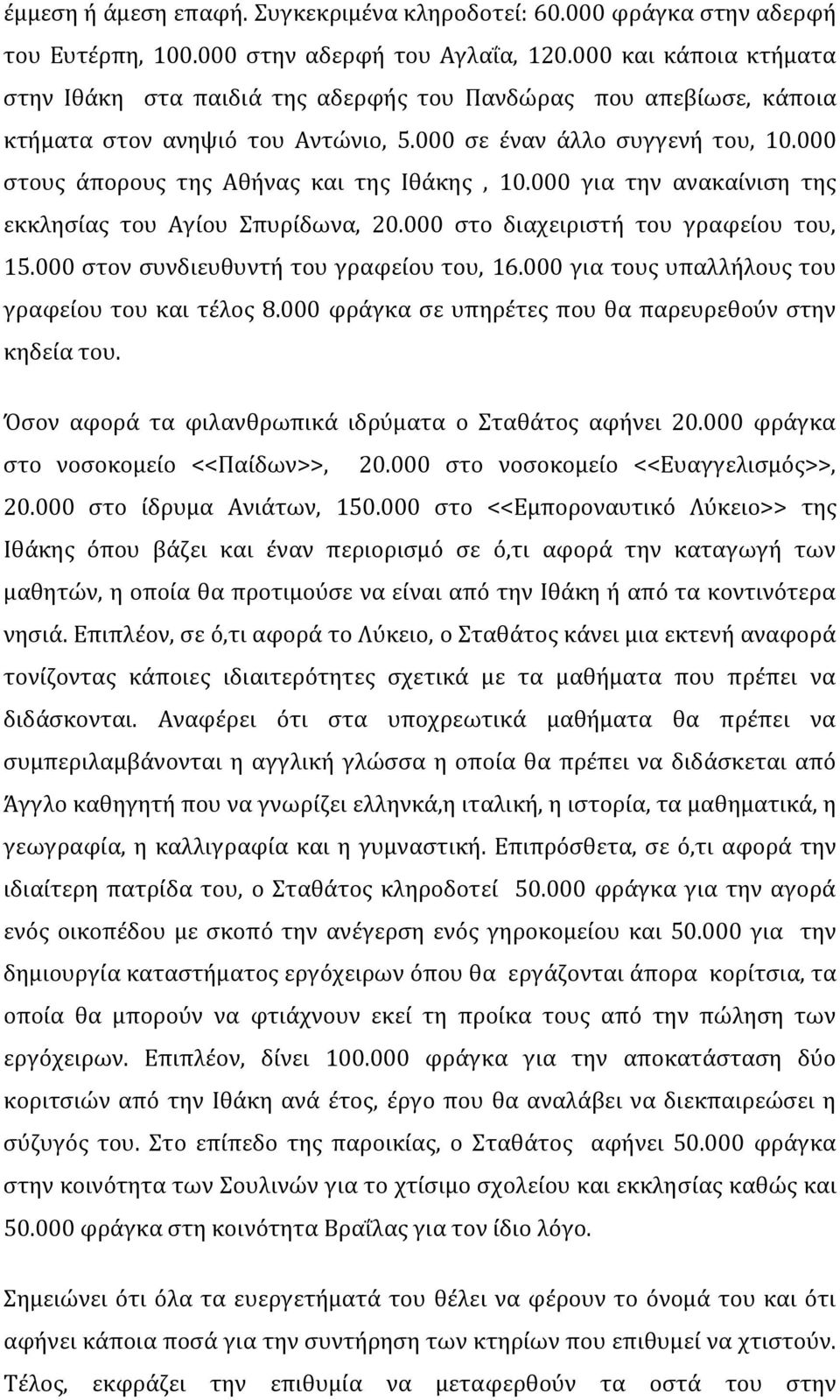 000 στους άπορους της Αθήνας και της Ιθάκης, 10.000 για την ανακαίνιση της εκκλησίας του Αγίου Σπυρίδωνα, 20.000 στο διαχειριστή του γραφείου του, 15.000 στον συνδιευθυντή του γραφείου του, 16.