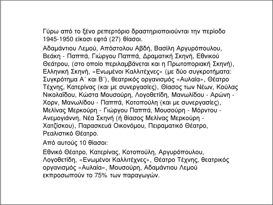 Καλλιτέχνες» (με δύο συγκροτήματα: Συγκρότημα Α και Β ), θεατρικός οργανισμός «Αυλαία», Θέατρο Τέχνης, Κατερίνας (και με συνεργασίες), Θίασος των Νέων, Κούλας Νικολαΐδου, Κώστα Μουσούρη, Λογοθετίδη,