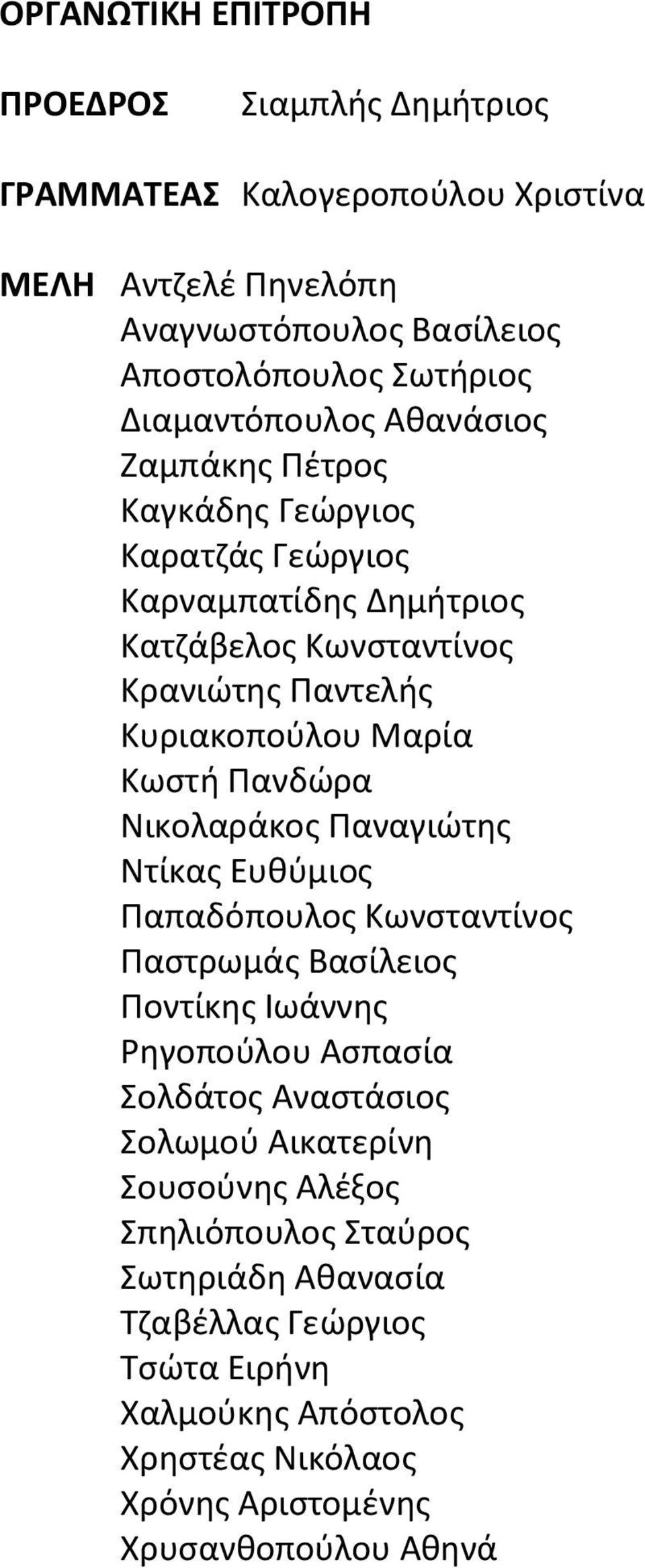 Κωστή Πανδώρα Νικολαράκος Παναγιώτης Ντίκας Ευθύμιος Παπαδόπουλος Κωνσταντίνος Παστρωμάς Βασίλειος Ποντίκης Ιωάννης Ρηγοπούλου Ασπασία Σολδάτος Αναστάσιος Σολωμού