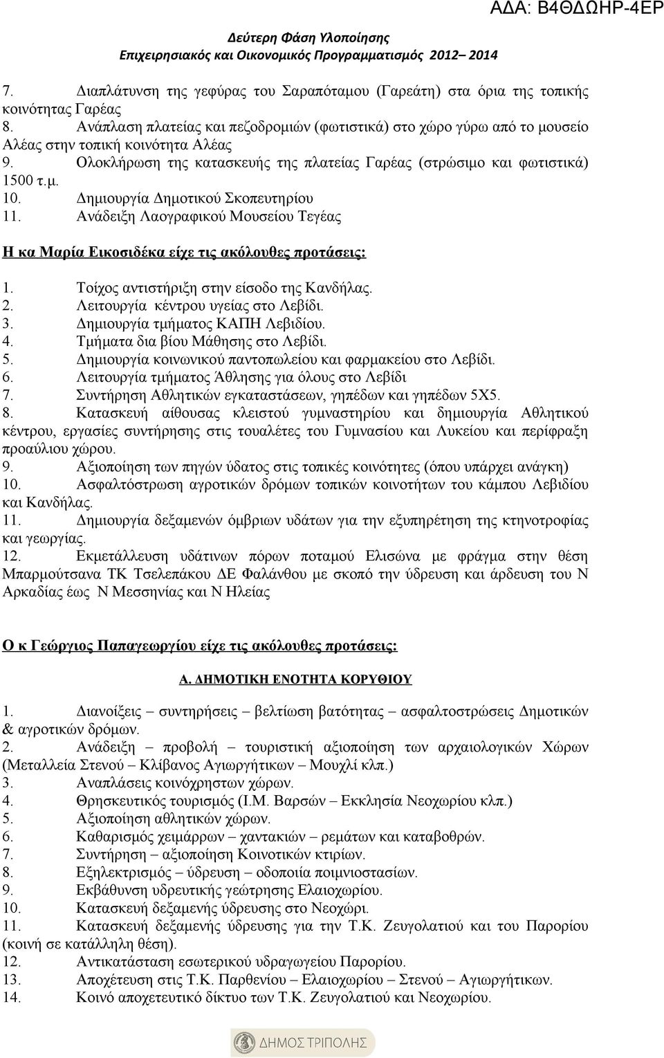 Δημιουργία Δημοτικού Σκοπευτηρίου 11. Ανάδειξη Λαογραφικού Μουσείου Τεγέας Η κα Μαρία Εικοσιδέκα είχε τις ακόλουθες προτάσεις: ΑΔΑ: Β4ΘΔΩΗΡ-4ΕΡ 1. Τοίχος αντιστήριξη στην είσοδο της Κανδήλας. 2.