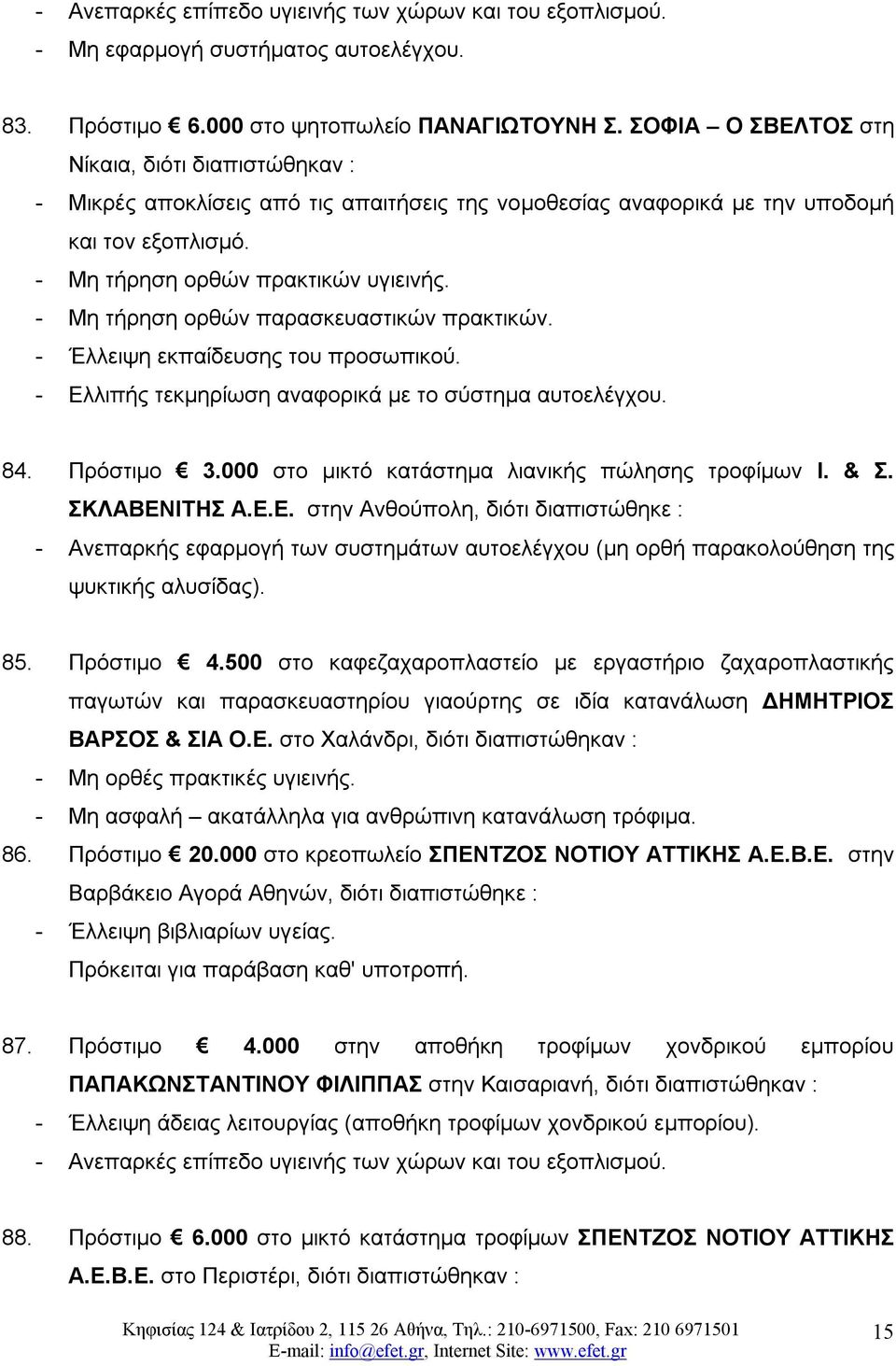 - Μη τήρηση ορθών παρασκευαστικών πρακτικών. - Έλλειψη εκπαίδευσης του προσωπικού. - Ελλιπής τεκμηρίωση αναφορικά με το σύστημα αυτοελέγχου. 84. Πρόστιμο 3.