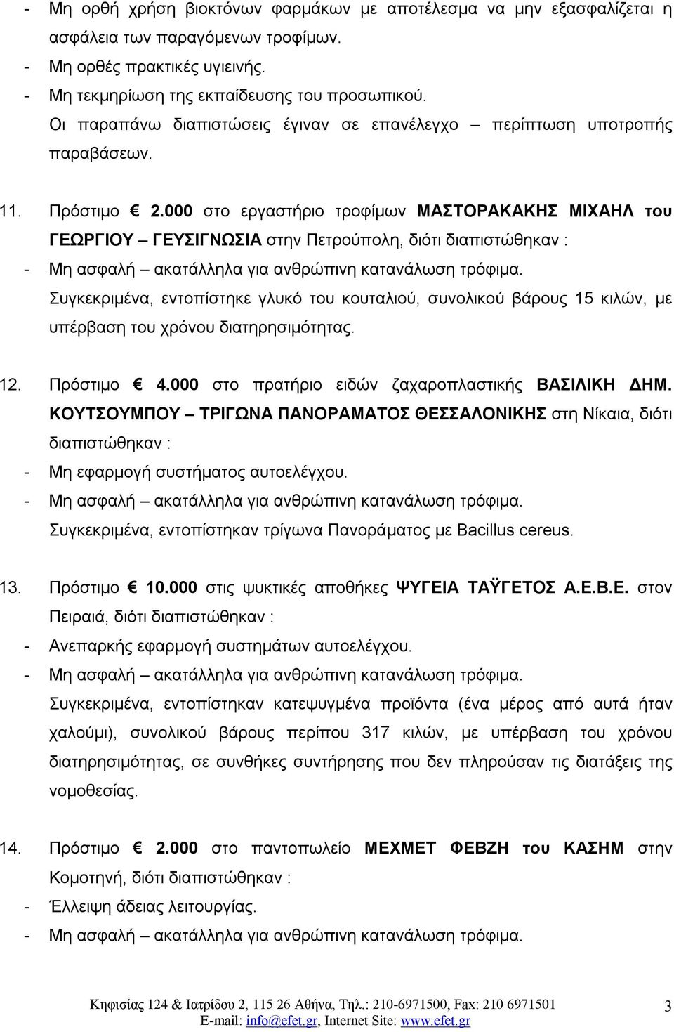 000 στο εργαστήριο τροφίμων ΜΑΣΤΟΡΑΚΑΚΗΣ ΜΙΧΑΗΛ του ΓΕΩΡΓΙΟΥ ΓΕΥΣΙΓΝΩΣΙΑ στην Πετρούπολη, διότι Συγκεκριμένα, εντοπίστηκε γλυκό του κουταλιού, συνολικού βάρους 15 κιλών, με υπέρβαση του χρόνου