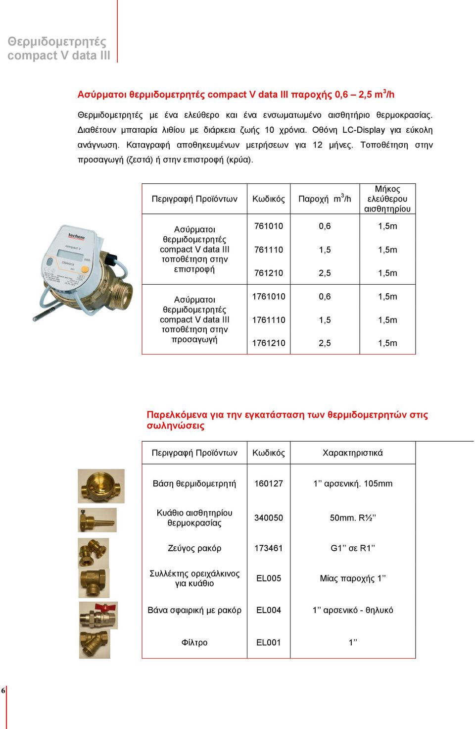 Περιγραφή Προϊόντων Κωδικός Παροχή m 3 /h Μήκος ελεύθερου αισθητηρίου Ασύρματοι θερμιδομετρητές compact V data III τοποθέτηση στην επιστροφή Ασύρματοι θερμιδομετρητές compact V data III τοποθέτηση