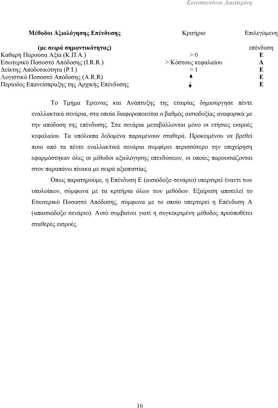 δημιούργησε πέντε εναλλακτικά σενάρια, στα οποία διαφοροποιείται ο βαθμός αισιοδοξίας αναφορικά με την απόδοση της επένδυσης. Στα σενάρια μεταβάλλονται μόνο οι ετήσιες εισροές κεφαλαίου.