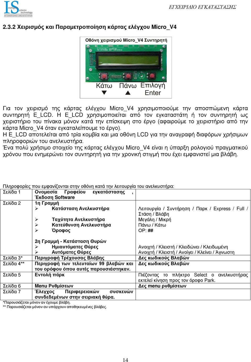 Η E_LCD αποτελείται από τρία κομβία και μια οθόνη LCD για την αναγραφή διαφόρων χρήσιμων πληροφοριών του ανελκυστήρα.