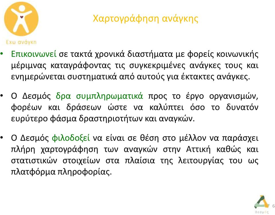 Ο Δεσμός δρα συμπληρωματικά προς το έργο οργανισμών, φορέων και δράσεων ώστε να καλύπτει όσο το δυνατόν ευρύτερο φάσμα δραστηριοτήτων