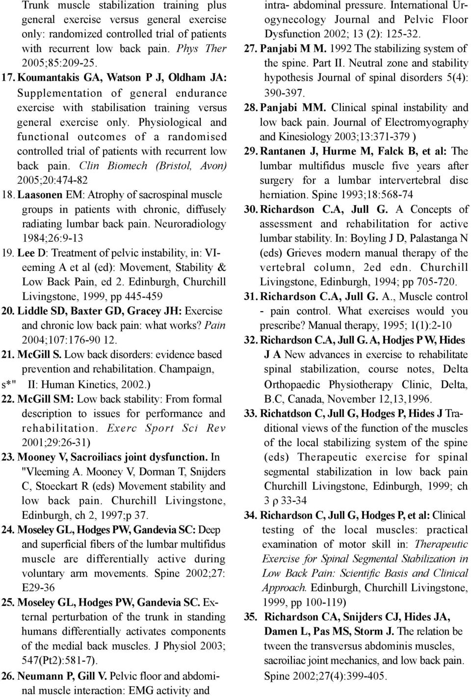 Physiological and functional outcomes of a randomised controlled trial of patients with recurrent low back pain. Clin Biomech (Bristol, Avon) 2005;20:474-82 18.