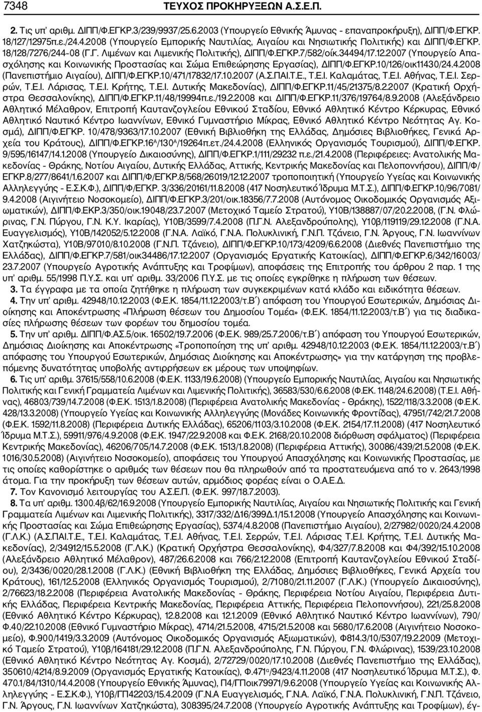 4.2008 (Πανεπιστήμιο Αιγαίου), ΔΙΠΠ/Φ.ΕΓΚΡ.10/471/17832/17.10.2007 (Α.Σ.ΠΑΙ.Τ.Ε., Τ.Ε.Ι. Καλαμάτας, Τ.Ε.Ι. Αθήνας, Τ.Ε.Ι. Σερ ρών, Τ.Ε.Ι. Λάρισας, Τ.Ε.Ι. Κρήτης, Τ.Ε.Ι. Δυτικής Μακεδονίας), ΔΙΠΠ/Φ.