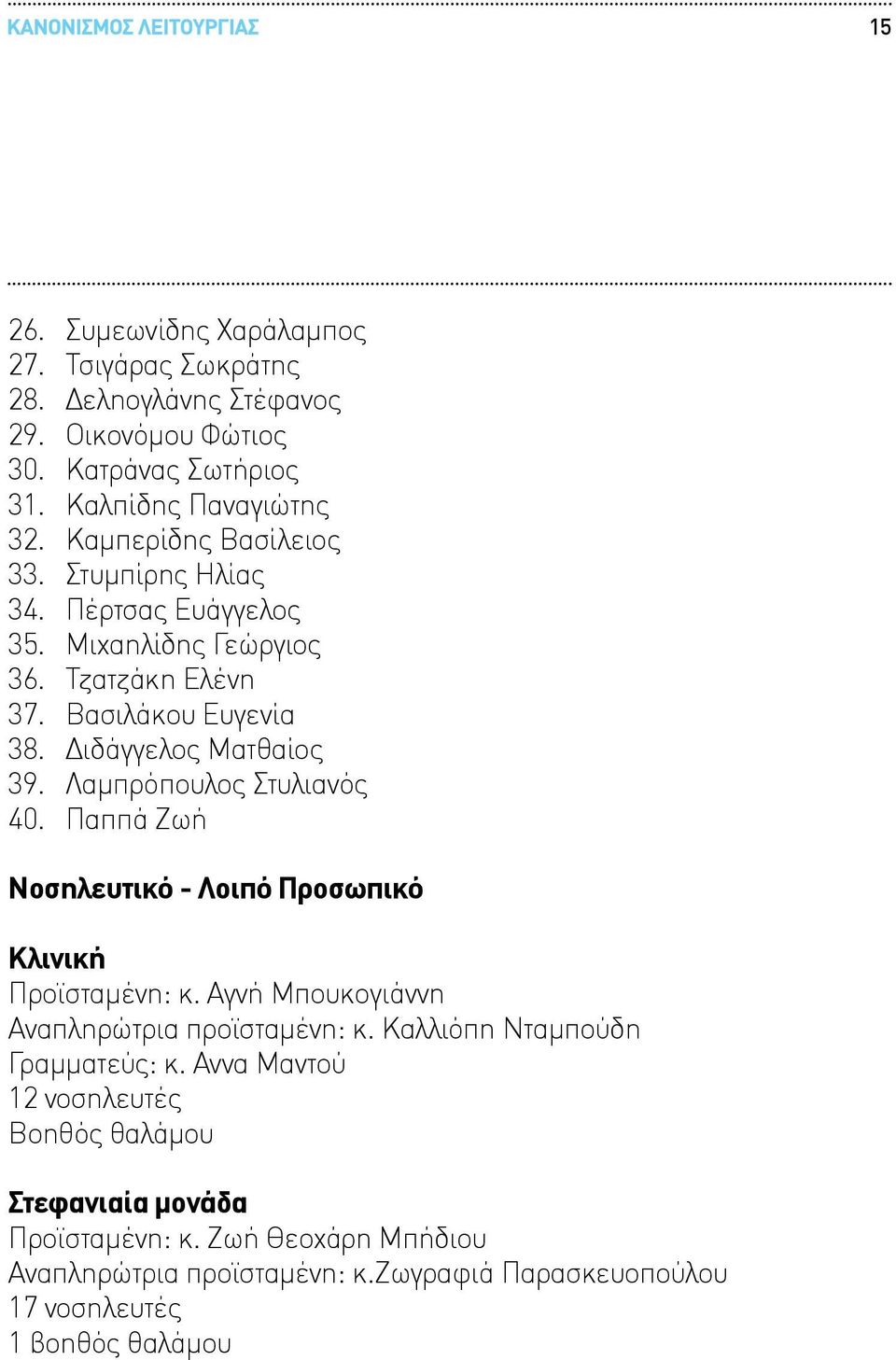 Λαμπρόπουλος Στυλιανός 40. Παππά Ζωή Νοσηλευτικό - Λοιπό Προσωπικό Κλινική Προϊσταμένη: κ. Αγνή Μπουκογιάννη Αναπληρώτρια προϊσταμένη: κ.